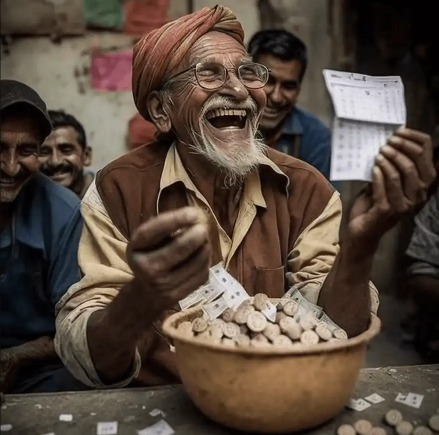 शिलांग तीर रिजल्ट परिणाम। शिलॉन्ग तीर से पैसे जीतने के बाद खुश भारतीय बूढ़ा।
