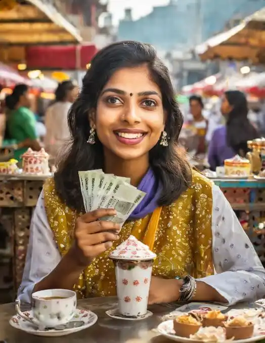 A beautiful Indian woman in a white dress holding a Lottery Sambad ticket, eagerly awaiting the result at a cafe for today's 1 PM draw.