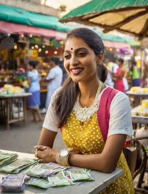 A radiant Indian woman in a white and green shalwar qameez dress joyfully counting her winning prize from Lottery Sambad at a chai stall, 6 PM at the lottery sambad office.